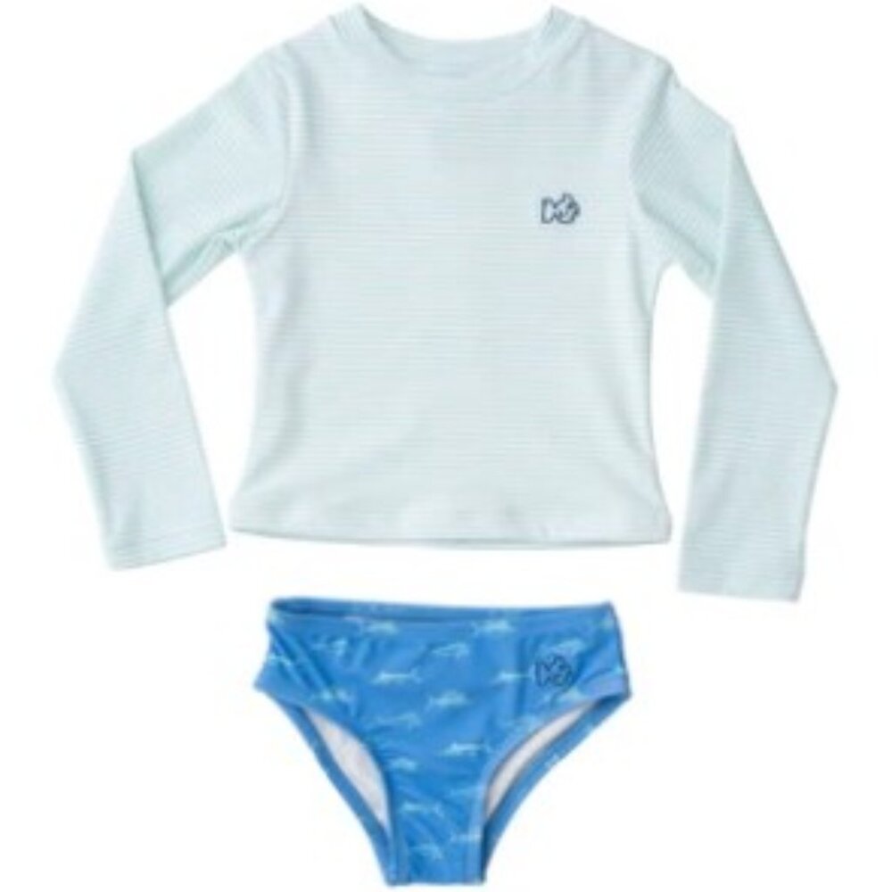 Prodoh Girls' Reef Rashguard Swim Set in Waterspout Green Stripe and Marina Blue